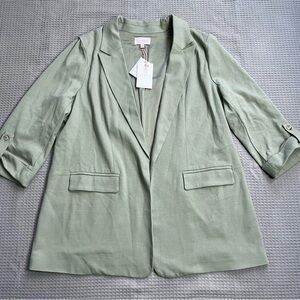 New Skies Are Blue Boyfriend Blazer Jacket XL Womens Open Front 3/4 Sleeve Green